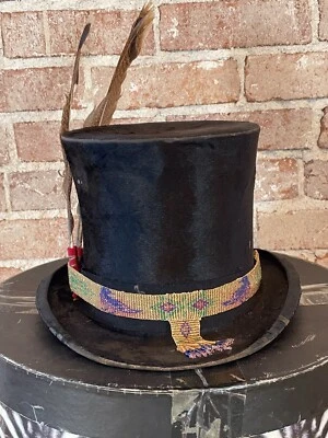 Vintage Victorian Beaver Fur Willoughby Paris Top Hat Steampunk Indian Beading - Image 1 of 4