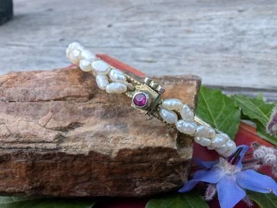 Vintage Gold Vermeil Pearl and Ruby Bangle Bracelet, Sterling Dowry Bracelet - Image 1 of 4