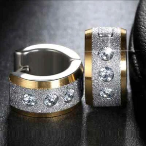 2Tone Titanium Frosted Wide Gold Silver CZ Hypoallergenic Men Women Hoop Earring - Picture 1 of 6