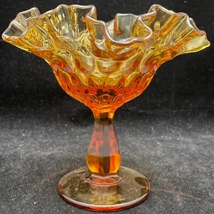 Fenton Amber Thumbprint Ruffled Compote Made in USA Art Glass 6" Tall - Picture 1 of 7