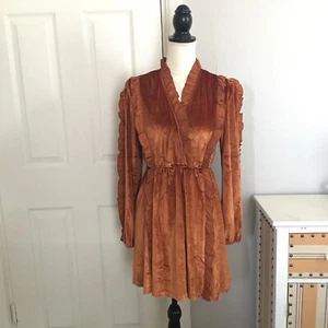Ces Femme Puff-Sleeve Velvet Mini Dress Size Small Sandstone Copper Prairie - Picture 1 of 19
