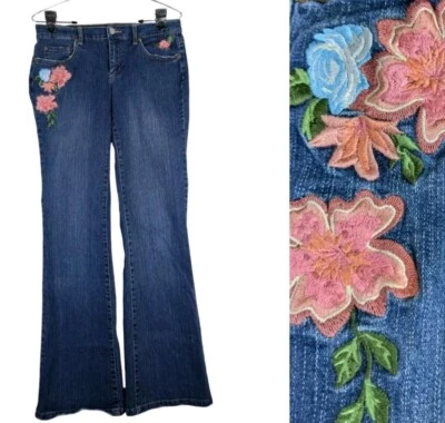 Pantalones de mezclilla florales bordados de tiro bajo Y2K para mujer 6 (30/31) azul corte bota Foto 1 de 4
