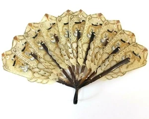 50er Jahre alter indonesischer Wayang Kulit durchbohrtes Fell Leder Knochen klappbarer Handfächer  - Bild 1 von 11