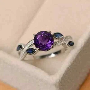 Lab Created Amethyst 14K White Gold Plated 2Ct Round Cut Women's Engagement Ring - Picture 1 of 8