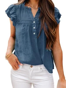 Women's Casual V Neck Short Sleeve Ruffles Shirts Blouse NEW - Picture 1 of 10