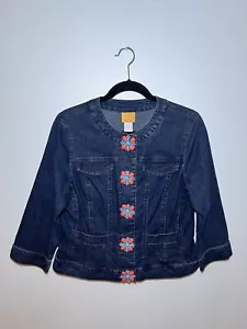 RUBY RD. WOMENS BLUE DENIM JACKET BOHO CHUNKY CORAL & TURQUOISE BUTTONS. 10 - Picture 1 of 14