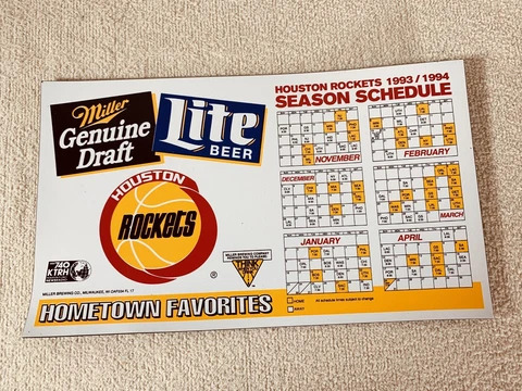 NBA HOUSTON ROCKETS VINTAGE 93/94 RUBBER REFRIDGERATOR MAGNET SCHEDULE CALENDAR Cover