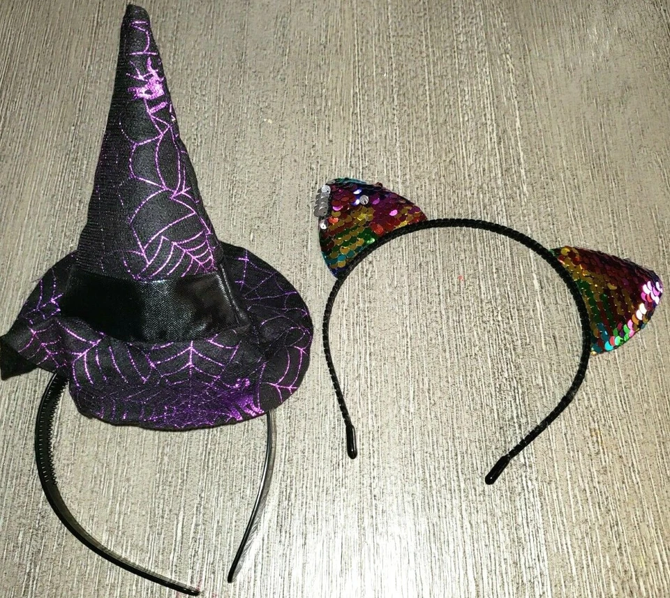 2 girls HALLOWEEN WEAR HEADBANDS 1 WITCH HAT black purple webs 1 CAT EARS SEQUIN - Image 1 of 1
