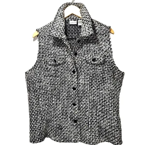 Chicos Womens Nubby Woven Vest Size 3 Black White Sleeveless Button Up Academia - Picture 1 of 13