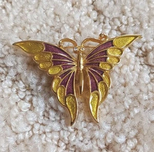 Vintage SFJ Enamel Butterfly Moth Brooch Pin Gold Tone Brown Yellow Fall Autumn - Picture 1 of 12