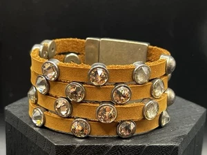 HEET Brown Leather Swarovski Crystal Studded 4 Strand Wide Rockstar Bracelet - Picture 1 of 5