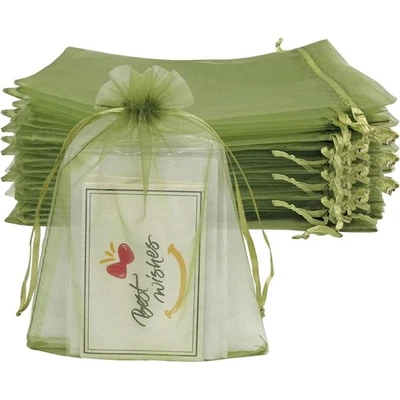Bolsas pequeñas de regalo de malla 100 piezas de organza verde oliva con cordón de 4x6 pulgadas para Foto 1 de 4