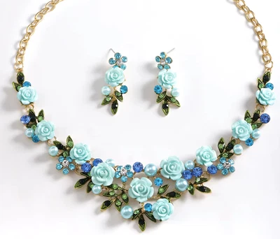 Blue ROSE Flowers PEARL Choker Rhinestone Betsey Johnson Necklace Earring SET - Image 1 of 4