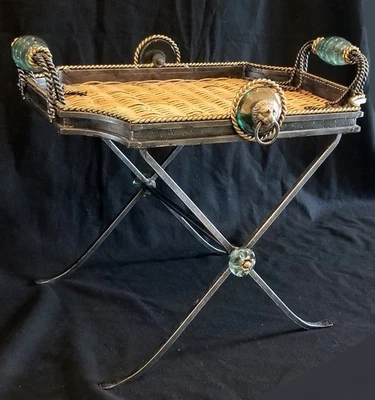 Vintage Maitland Smith Serving Tray Table Neoclassic Rattan Iron Lion Medallion - Image 1 of 4