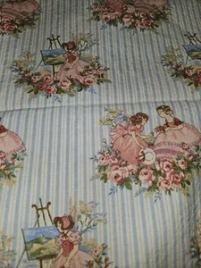 VTG HTF Victorian Young Ladies Cotton Fabric With Blue Stripes 3 Yards X 45"wide - Picture 1 of 8