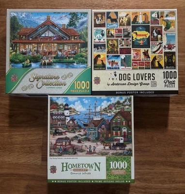 ¡Nuevo! Lote de 3 piezas maestras 1000 piezas rompecabezas ~ camping albergue, amantes de los perros Foto 1 de 3