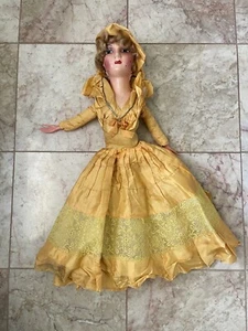 Antique Composition Hand Painted French Woman Boudoir Bed Doll yellow Dress - Picture 1 of 6