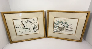 Asian Owl, Quail & Cherry Blossoms Set Of 2 Bamboo Framed Prints 11"x9.5" - Picture 1 of 13