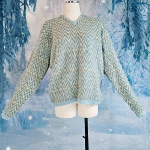 Maglione Catalina Mohair blu ghiaccio grigio motivo a righe Chevron raro di design - Foto 1 di 21