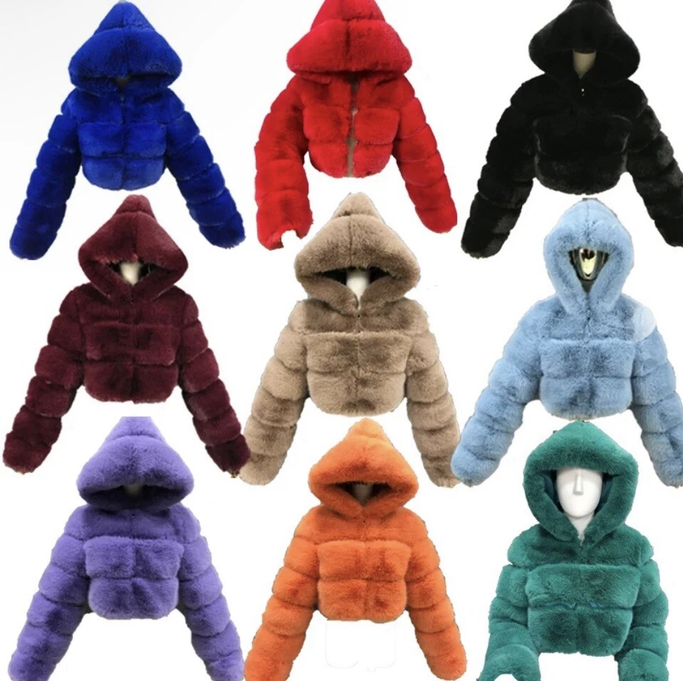 Abrigo corto de piel de zorro sintética para mujer Chaqueta corta mullida con capucha Prendas exteriores cálidas Elegante Foto 1 de 4