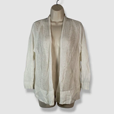 Alfani Women's White Linen Sheer Mixed Knit Open Front Cardigan Sweater Size L - Image 1 of 4