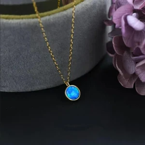 Dainty Simple 7mm Blue Fire Opal Round Pendant Blue Opal 925 Silver Necklace - Picture 1 of 5
