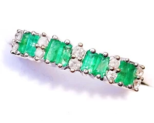 9ct Gold Baguette Emerald & 0.20ct Diamond Channel Set Band Ring, Size S - Picture 1 of 13