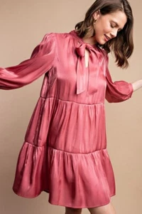 New GIGIO S M Rose Metallic Sheen Satin Tiered Front Tie Date Night Dress - Picture 1 of 14