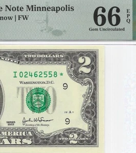 2003 $2 MINNEAPOLIS * STAR * ⭐️ FRN. PMG Gem Uncirculated 66 EPQ Banknote. - Picture 1 of 3