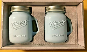 Powder Blue Mason Jar Salt and Pepper Shakers Glass with Metal lids Light Blue - Picture 1 of 9
