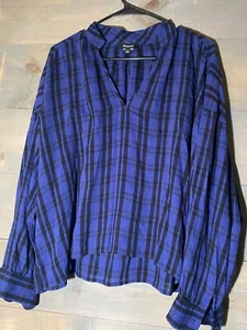 Madewell V Neck Long Sleeve Shirt Size L Blue Plaid pull over high low bottom - Picture 1 of 12