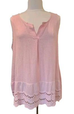 Italian Washed Linen Top Pink Lagenlook sleeveless lace hem One Size 10-14 New - Image 1 of 4