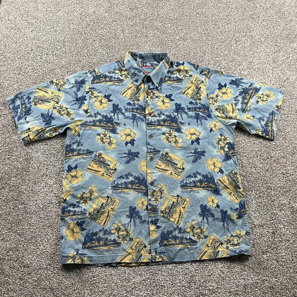 Reyn Spooner Shirt Men Medium Blue Joe Kealohas Floral Hawaiian Palm Tropical - Image 1 of 4