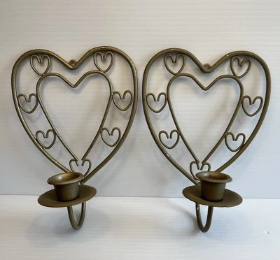 2 Wall Sconce Candle Holders Heart Shaped Metal Gold Home Interiors Vintage - Image 1 of 4