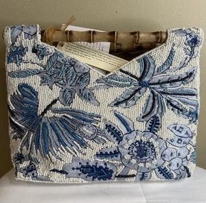 Beaded Bag clutch Ivory with blue Heron Meadow print Handcrafted in India-NWT - Picture 1 of 5