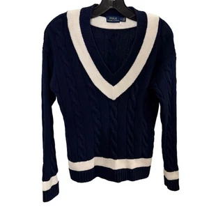 POLO RALPH LAUREN Cotton Cable Knit V-Neck Sweater Navy/white Women's Sz S/P - Picture 1 of 14