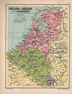1934 MAP ~ HOLLAND & BELGIUM WITH LUXEMBURG ~ BRUSSELS AMSTERDAM