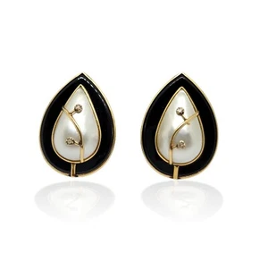 Vintage Handmade 14K Yellow Gold Onyx, Pearl & Diamond Omega Back Earrings - Picture 1 of 8