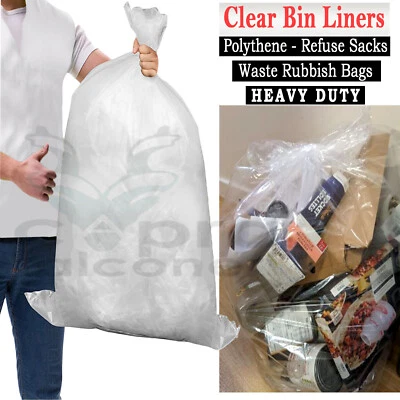 CLEAR Strong Large Plastic Polythene Bin Liners Waste Bags Sacks18"x29"x39 140G - Image 1 of 3