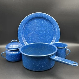 vtg blue speckled enamelware 4pc assorted dishes Plate, Pot, Pot/lid, Mug - Picture 1 of 12