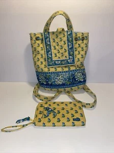 Vera Bradley Katherine Kordelzugrucksack passendes Handgelenk gelb blau gesteppt - Bild 1 von 22
