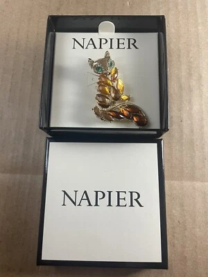 Napier Animal Brown Fox Brooch Pin EUC NIB NOS Jeweled Enameled Silver Tone - Image 1 of 4