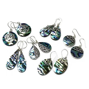 Abalone Shell & Silver Earrings - Pair Of Shaped Handmade 925 Sterling - Picture 1 of 13