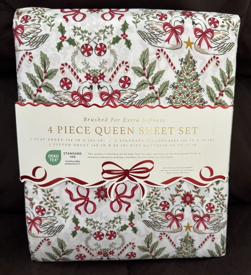 Conjunto de Lençóis Rainha de Natal Natal Cisne azevinho arco vermelho árvore doces cana lençóis NOVO - Imagem 1 de 1