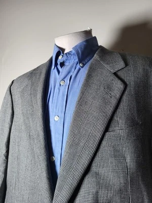 44R Hickey Freeman Black Gray CANVAS Glen Check Flannel Coat Blazer Jacket Wool - Image 1 of 4