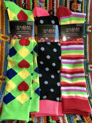 Sumona Knee High 3 Pair Ladies Socks Sz 9-11 Rainbow Hearts Stripe Polka Dots - Image 1 of 4