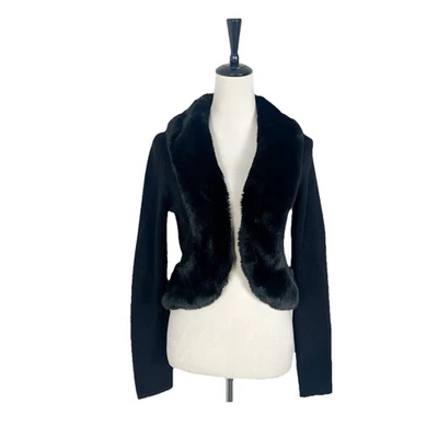 WHITE HOUSE BLACK MARKET Faux Fur Trim Cardigan Sweater Black Size Medium - Image 1 of 4