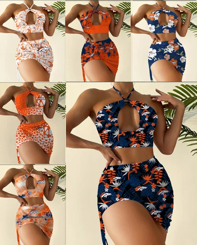 Denver Broncos 2pcs Halter Neck Bikini Set Slim Cutout Swimsuit Sexy Bodycon Cover