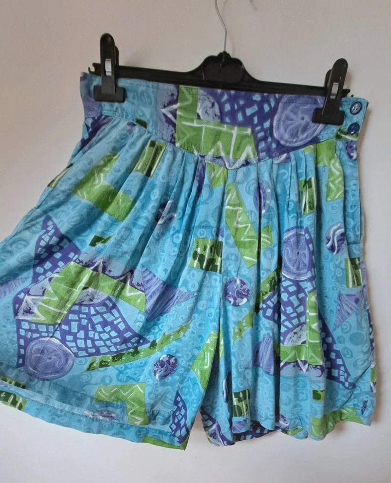 Vintage Size 12 Culotte Shorts, turquoise blue pattern - Image 1 of 1