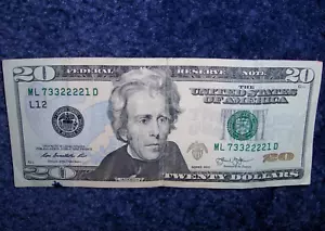 U.S. TWENTY DOLLAR NOTE WITH COOL 4-OF-A-KIND IN A ROW SERIAL NUMBER! - Picture 1 of 6